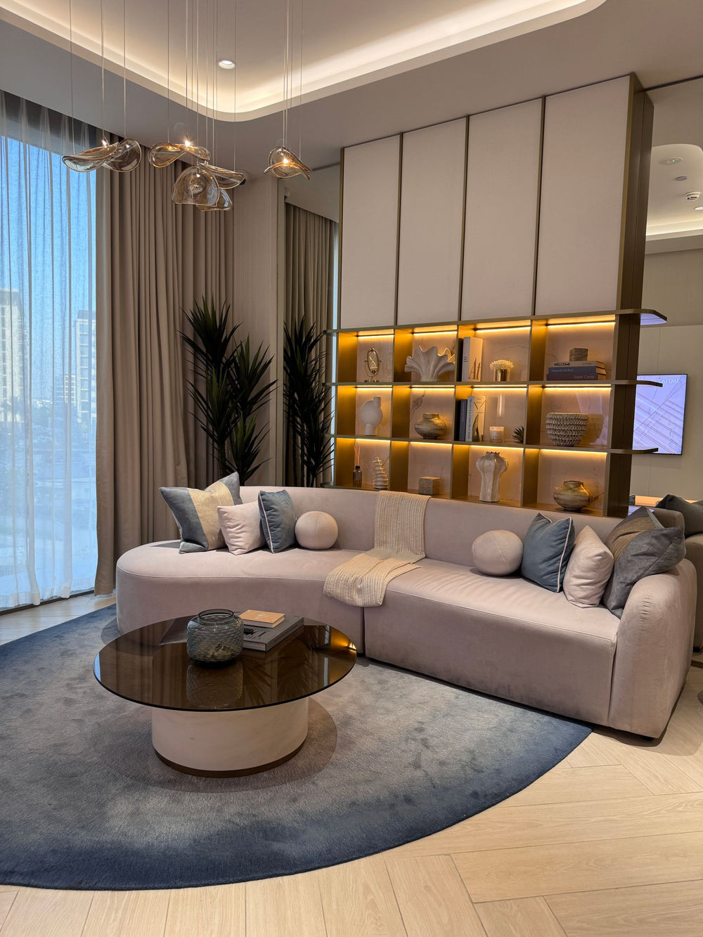 How to Style Illuminated Shelving in a Luxury Living Room