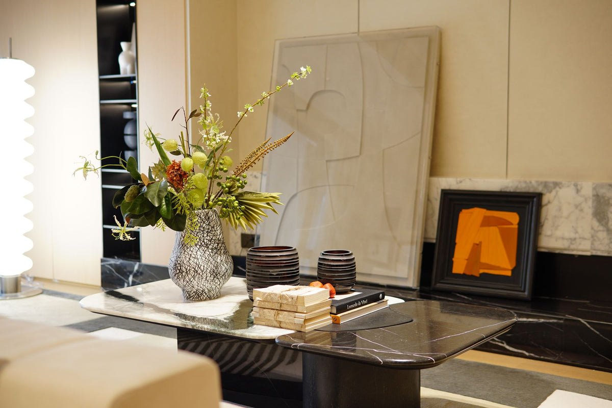 Coffee Table Styling with Art, Flowers and Sculptural Objects