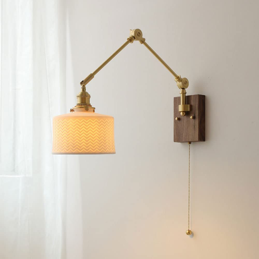 Nordic Brushed Brass Swing Arm Wall Sconce Indoor E27 1-Light Adjustable Wall Lamps White Ceramic Shade Japanese Wall Lighting Fixture Bedroom Study Reading Wall Lights (A) ()
