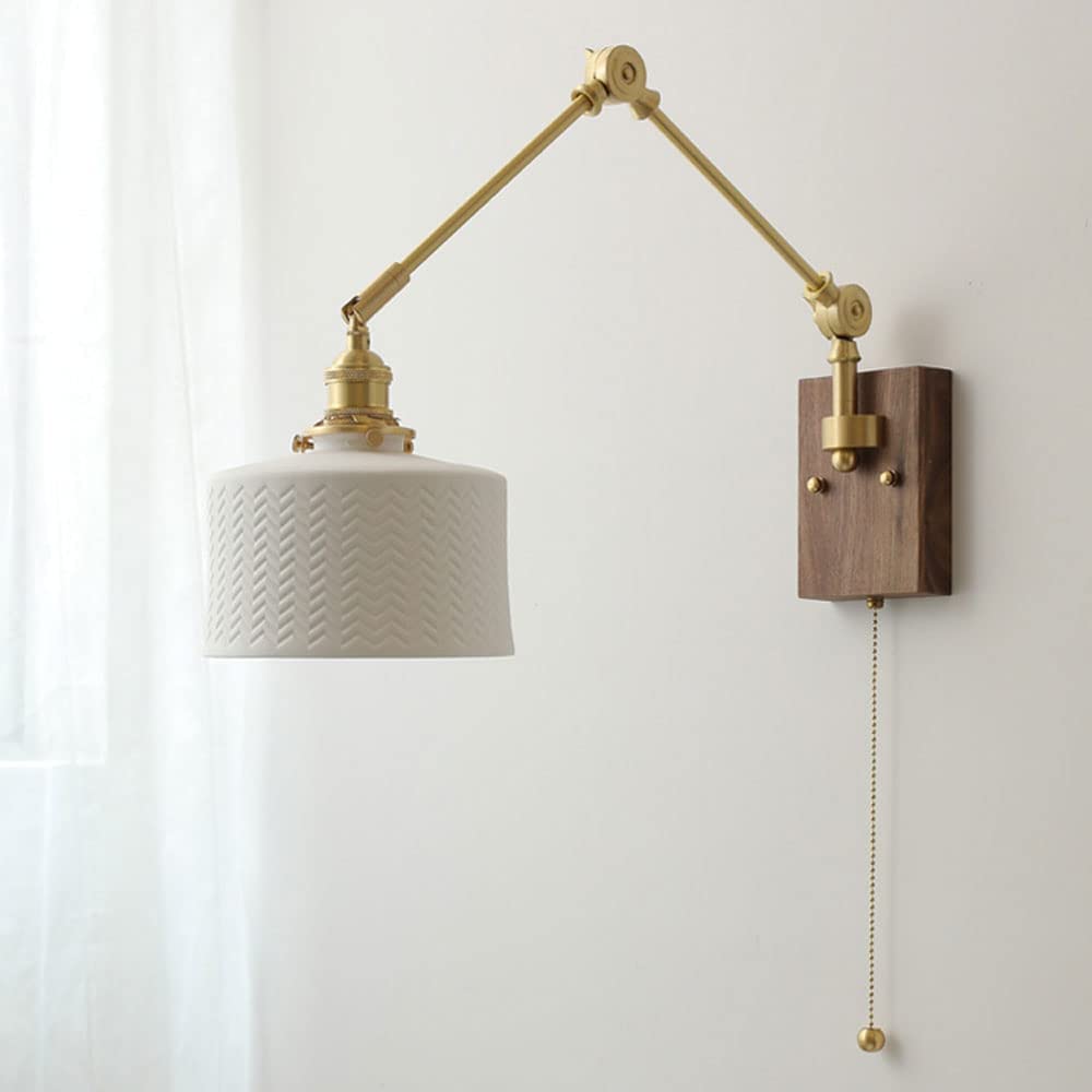 Nordic Brushed Brass Swing Arm Wall Sconce Indoor E27 1-Light Adjustable Wall Lamps White Ceramic Shade Japanese Wall Lighting Fixture Bedroom Study Reading Wall Lights (A) ()