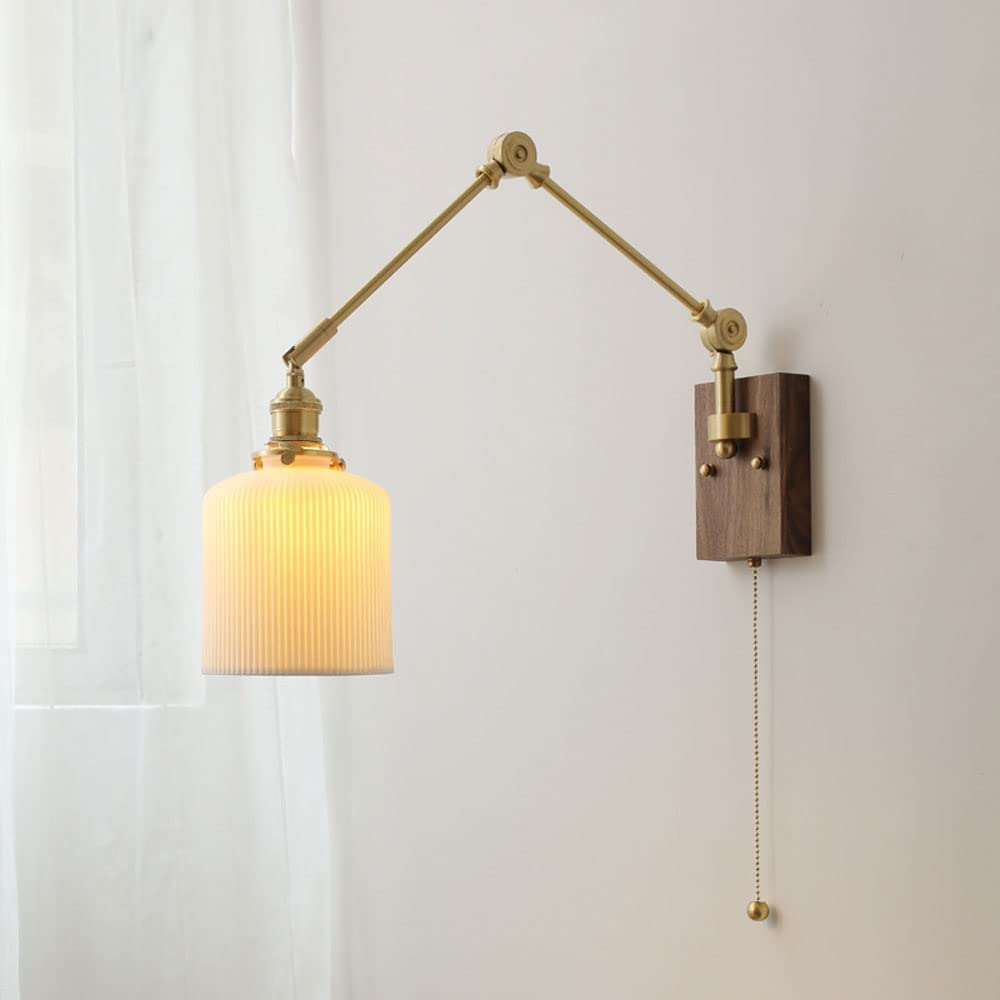 Nordic Brushed Brass Swing Arm Wall Sconce Indoor E27 1-Light Adjustable Wall Lamps White Ceramic Shade Japanese Wall Lighting Fixture Bedroom Study Reading Wall Lights (A) ()