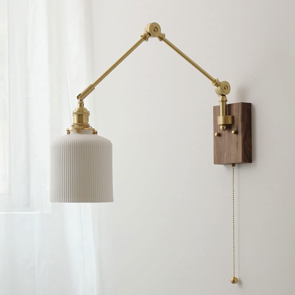 Nordic Brushed Brass Swing Arm Wall Sconce Indoor E27 1-Light Adjustable Wall Lamps White Ceramic Shade Japanese Wall Lighting Fixture Bedroom Study Reading Wall Lights (A) ()