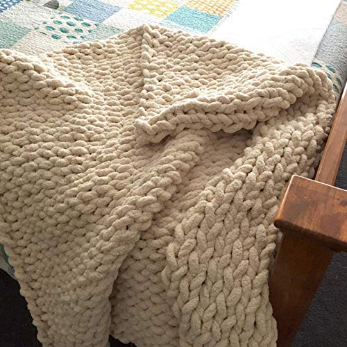 Chunky Knit Blanket Chenille, Handmade Chunky Throw Blankets Bulky Soft Fluffy Oversized Cable Braided Hand Knotted Throw for Sofa, Boho Gift -
