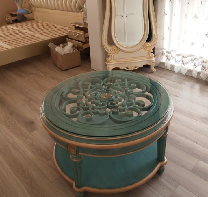interoknack Round Solid Wood Coffee Table with Tempered Glass Top, Vintage Blue Carved Center Table, 39.4 Inch Rustic Living Room Tea Table