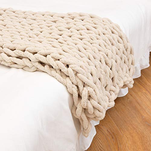 Chunky Knit Blanket Chenille, Handmade Chunky Throw Blankets Bulky Soft Fluffy Oversized Cable Braided Hand Knotted Throw for Sofa, Boho Gift -