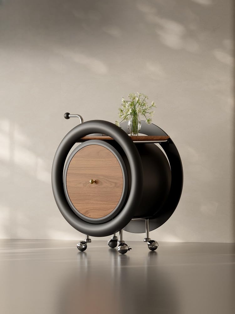 Modern Rolling Side Table with Storage – Round Mobile Accent Table with Wheels, Contemporary Wooden End Table Cart for Living Room Bedroom