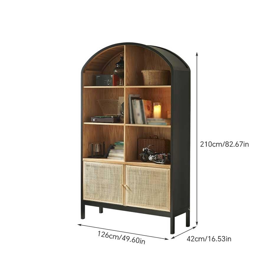 FUKUHARA Bookshelf for Bedroom Wabi-sabi Style Bookshelf Retro Rattan Storage Rack Home Living Room Floor-Standing Wooden Display Cabinet Decorative Bookcase