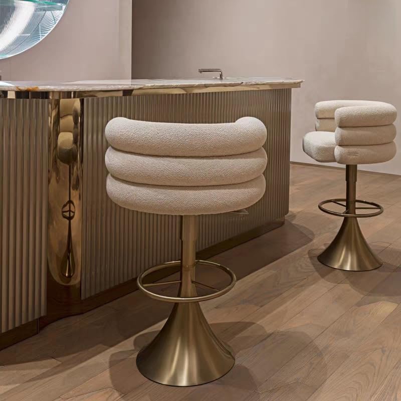 Luxury Modern Swivel Bar Stool with Gold Metal Base, Adjustable Height, Backrest, High-End Upholstered Kitchen Counter Chair