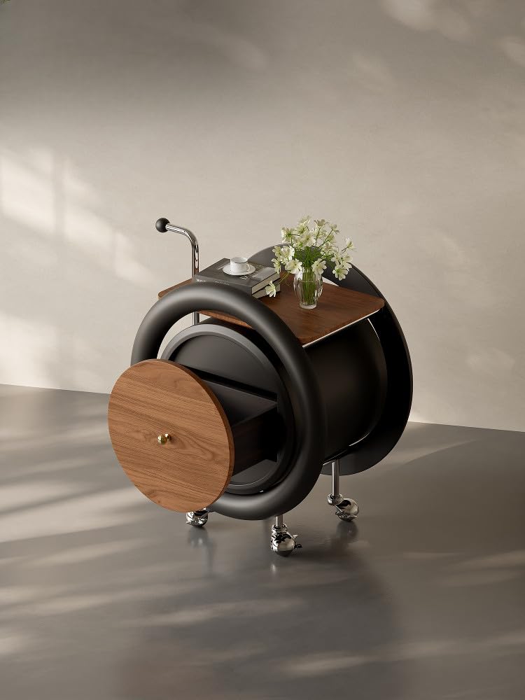 Modern Rolling Side Table with Storage – Round Mobile Accent Table with Wheels, Contemporary Wooden End Table Cart for Living Room Bedroom