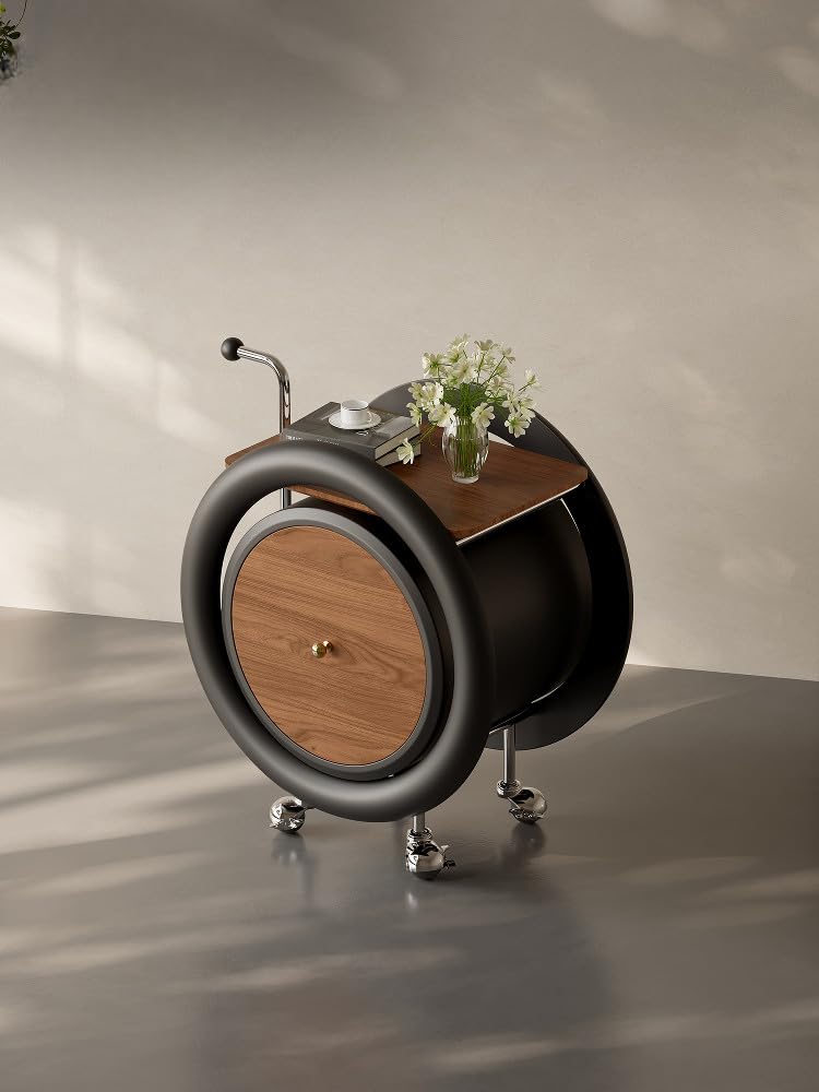 Modern Rolling Side Table with Storage – Round Mobile Accent Table with Wheels, Contemporary Wooden End Table Cart for Living Room Bedroom