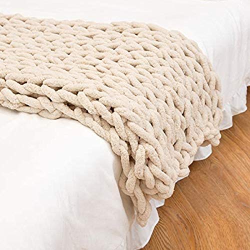 Chunky Knit Blanket Chenille, Handmade Chunky Throw Blankets Bulky Soft Fluffy Oversized Cable Braided Hand Knotted Throw for Sofa, Boho Gift -