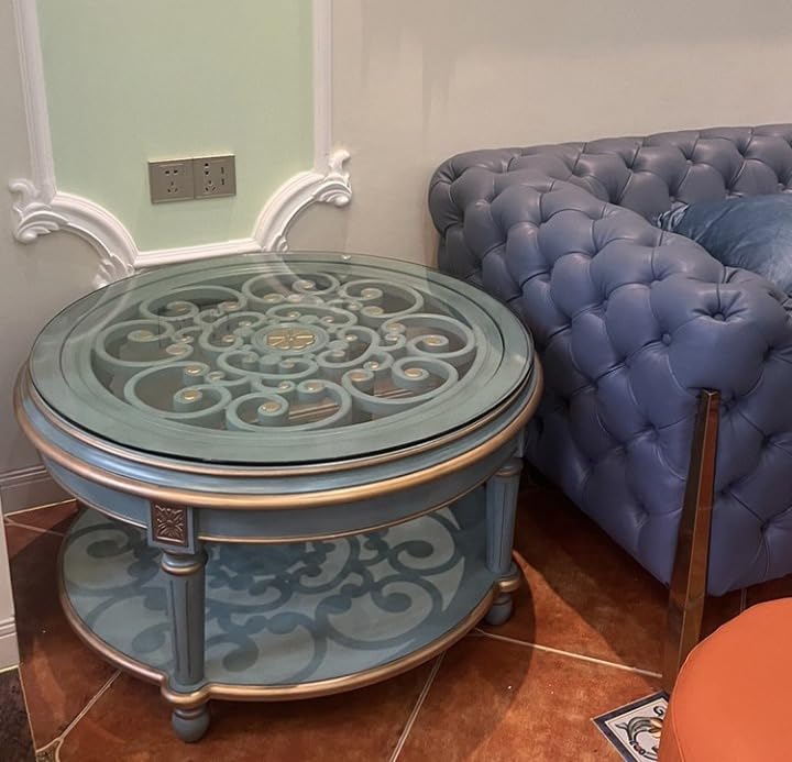 interoknack Round Solid Wood Coffee Table with Tempered Glass Top, Vintage Blue Carved Center Table, 39.4 Inch Rustic Living Room Tea Table