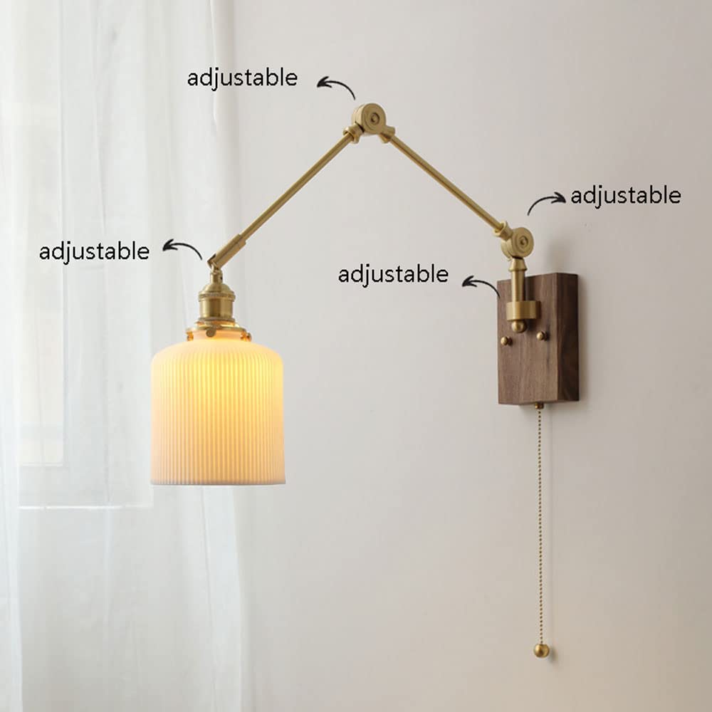 Nordic Brushed Brass Swing Arm Wall Sconce Indoor E27 1-Light Adjustable Wall Lamps White Ceramic Shade Japanese Wall Lighting Fixture Bedroom Study Reading Wall Lights (A) ()