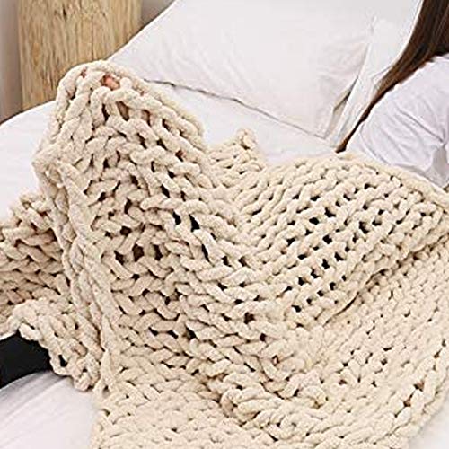 Chunky Knit Blanket Chenille, Handmade Chunky Throw Blankets Bulky Soft Fluffy Oversized Cable Braided Hand Knotted Throw for Sofa, Boho Gift -