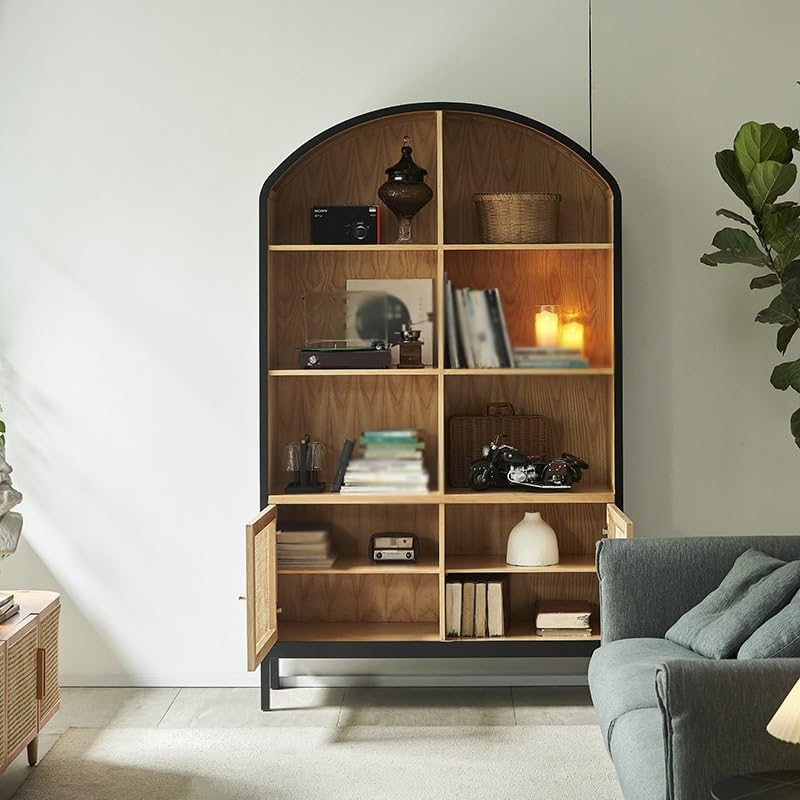 FUKUHARA Bookshelf for Bedroom Wabi-sabi Style Bookshelf Retro Rattan Storage Rack Home Living Room Floor-Standing Wooden Display Cabinet Decorative Bookcase
