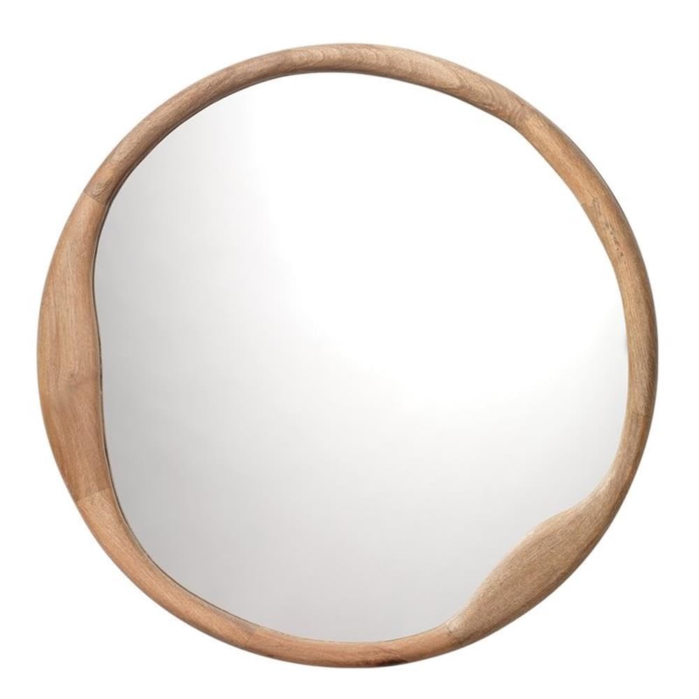 MAKLAINE Round Wall Mirror, 36 in, Mango Wood Frame, Natural Finish, Imperfect Organic Shape, Rustic Transitional Style, Accent Mirror for Living Room, Bedroom, Hallway Decor