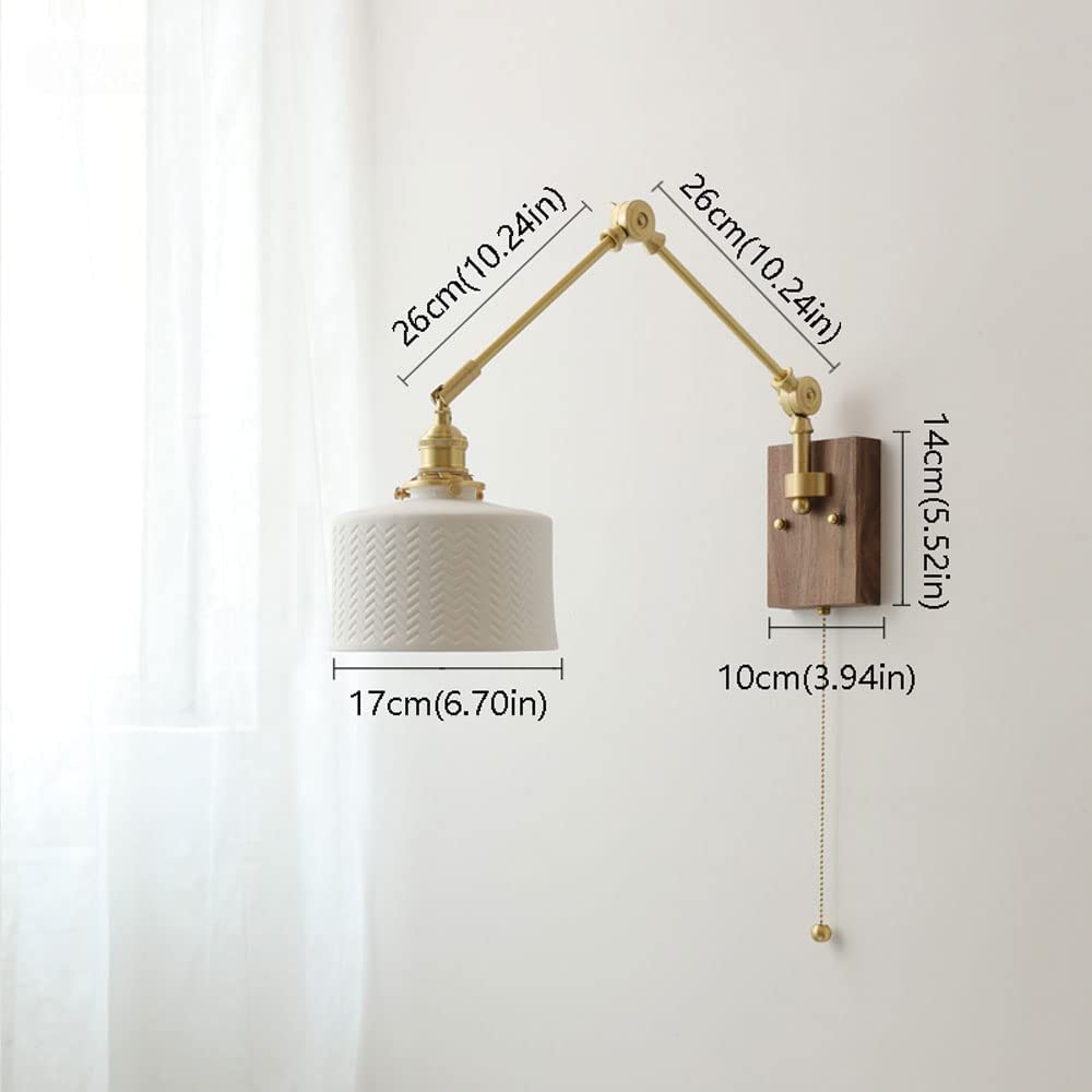 Nordic Brushed Brass Swing Arm Wall Sconce Indoor E27 1-Light Adjustable Wall Lamps White Ceramic Shade Japanese Wall Lighting Fixture Bedroom Study Reading Wall Lights (A) ()