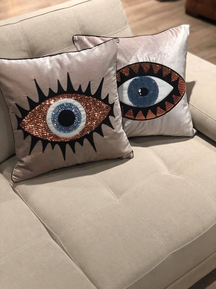 GELIVING Throw Pillow Set - Evil Eye Throw Pillows - Midnight Blue Accent Pillows - Home Decor Velvet Cushions - Amulet Protection Against Misfortune