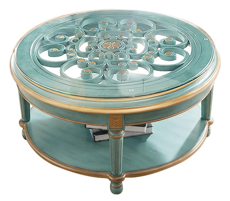 interoknack Round Solid Wood Coffee Table with Tempered Glass Top, Vintage Blue Carved Center Table, 39.4 Inch Rustic Living Room Tea Table