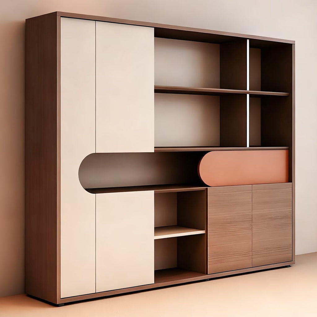 Aihm-Lon Bookshelf - Tall Bookcase with Modern Brown Wood Grain Design, Cube Storage Organizer Includes 5-Tier Open Display Shelf, Sliding Door