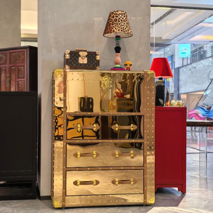 Gold Mirrored 3-Drawer Accent Cabinet with Upper Storage Compartment