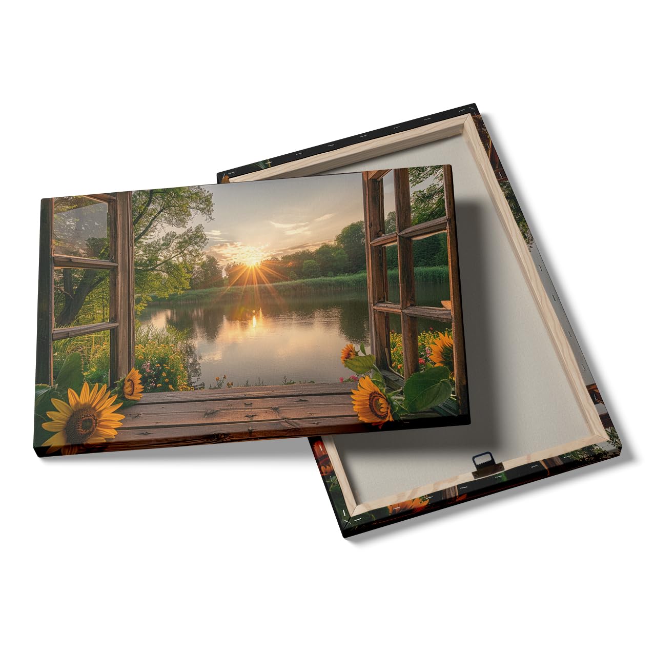 Sunflower Landscape Window Wall Art Natural Canvas Print Painting