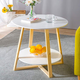 2-Tier Round Solid Wood Side Table