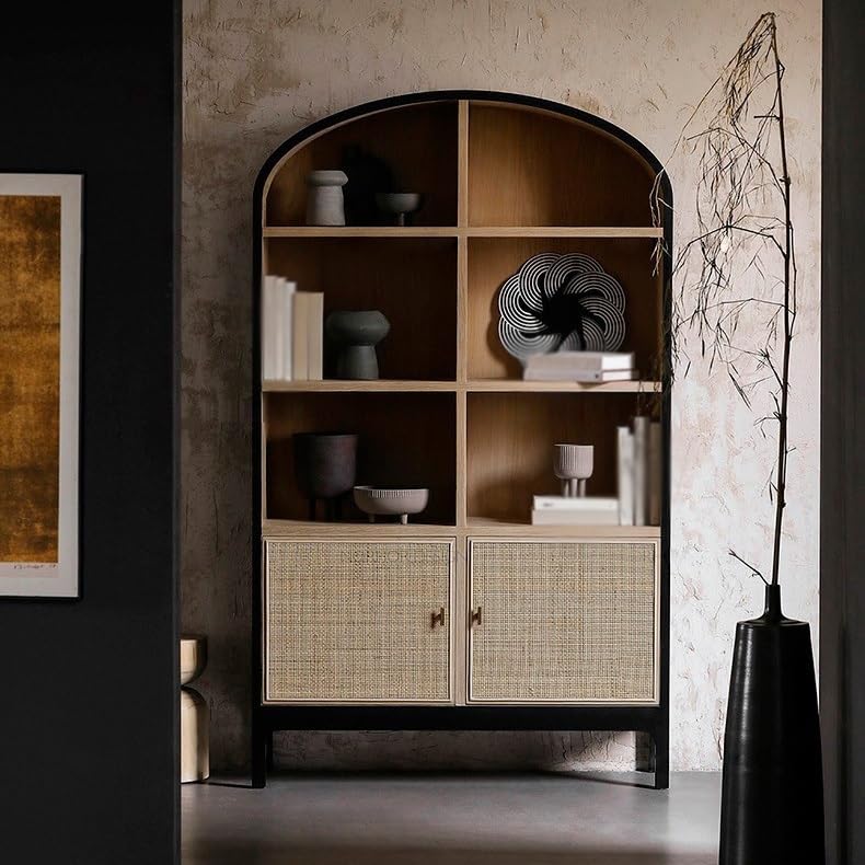 FUKUHARA Bookshelf for Bedroom Wabi-sabi Style Bookshelf Retro Rattan Storage Rack Home Living Room Floor-Standing Wooden Display Cabinet Decorative Bookcase