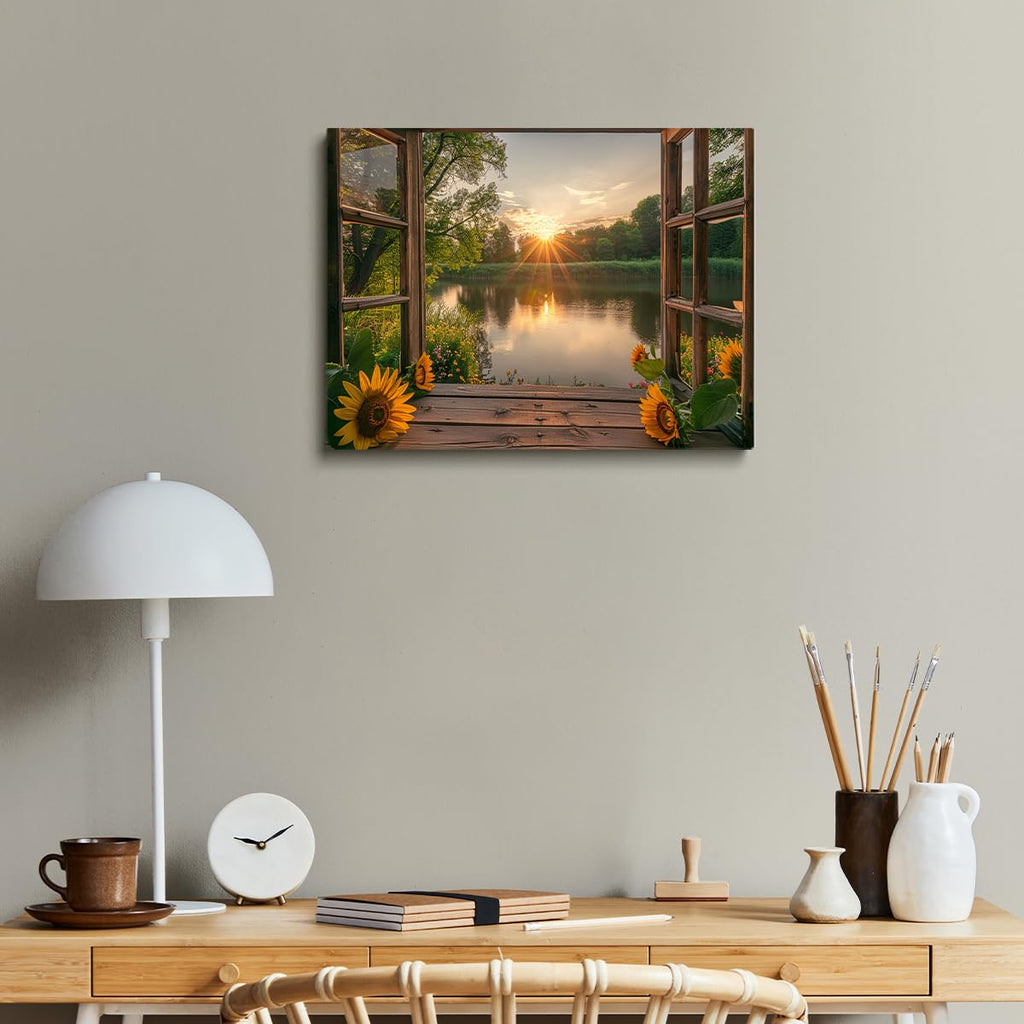 Sunflower Landscape Window Wall Art Natural Canvas Print Painting