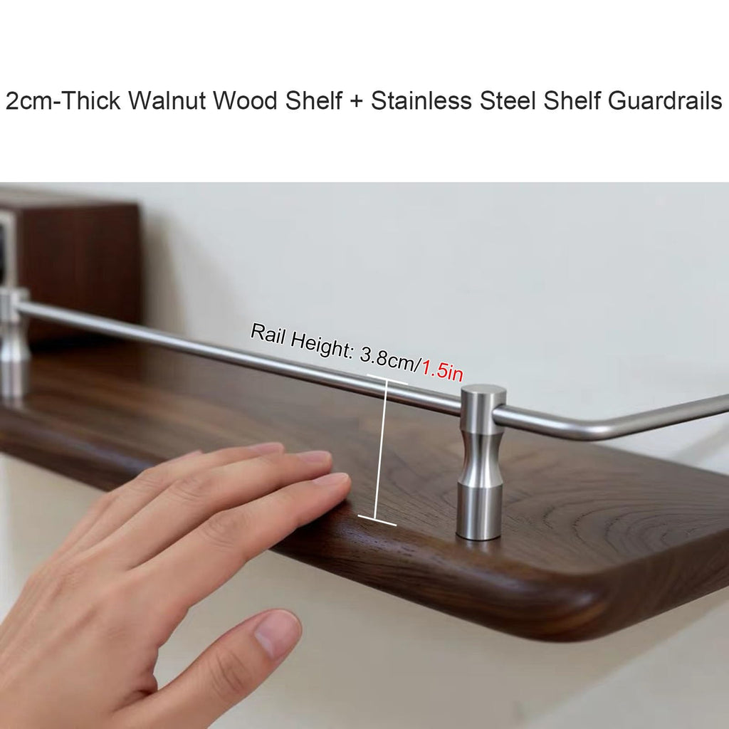 Set of 2 Modern Walnut Floating Shelves with Stainless Steel Guardrails, Perfect for Bathroom, Kitchen, Living Room, Plant & Art Display - 47.2x7.9in