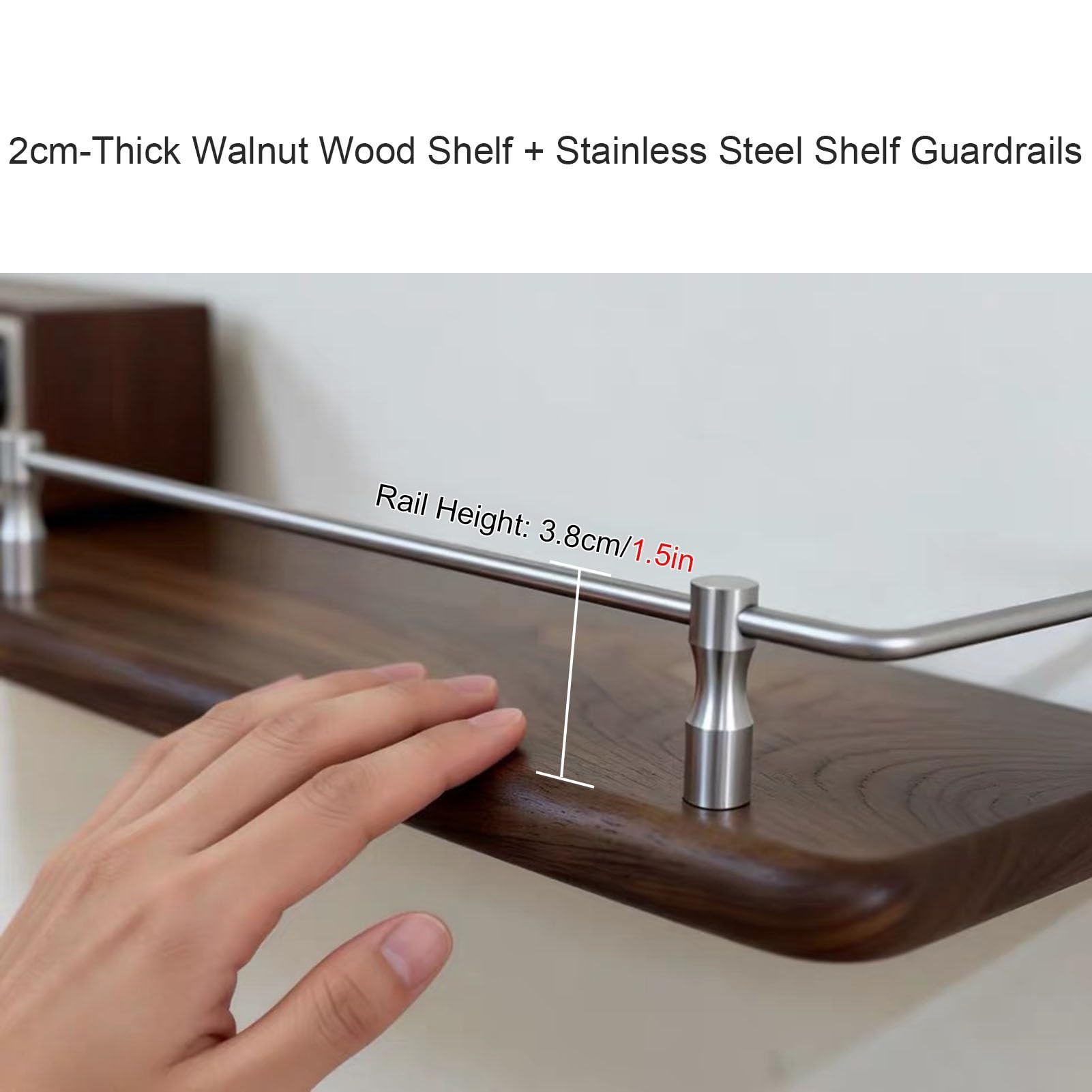 Set of 2 Modern Walnut Floating Shelves with Stainless Steel Guardrails, Perfect for Bathroom, Kitchen, Living Room, Plant & Art Display - 47.2x7.9in