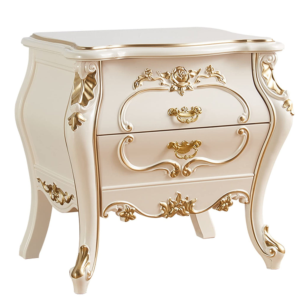 Night Stand White Bedside Tables with 2 Wood Drawers, Plastic Steel Frame Storage Cabinet Beautifully Carved Modern Style Nightstand for Bedroom 23.6" H Bedside Tables