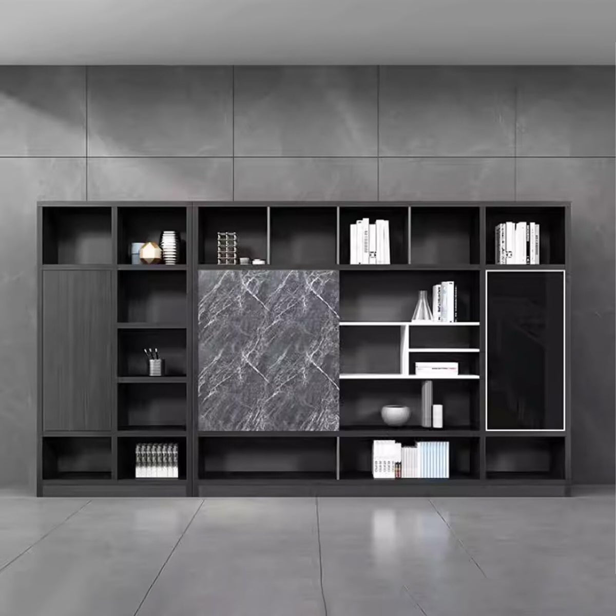 Gray Marble Bookcase and File Cabinet
