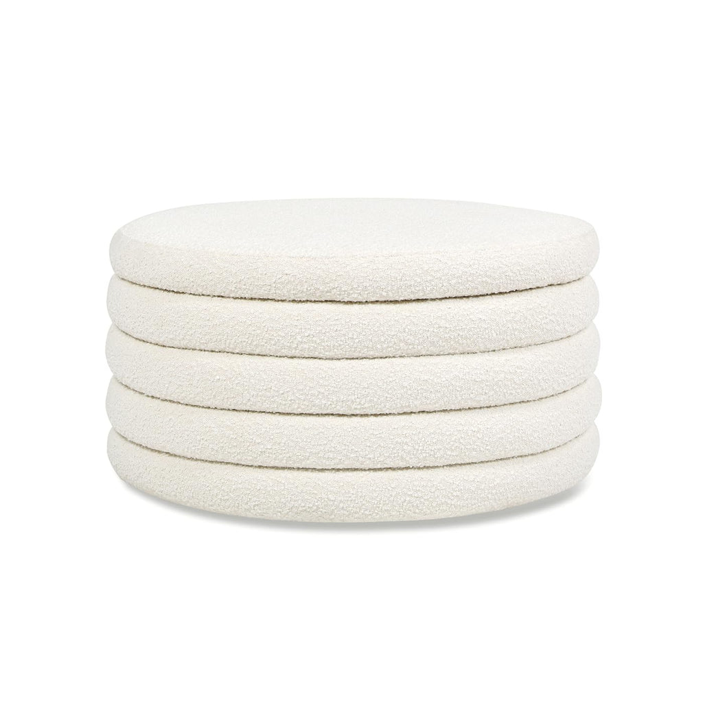 36" Round Upholstered Storage Cocktail Ottoman, Ivory White Boucle