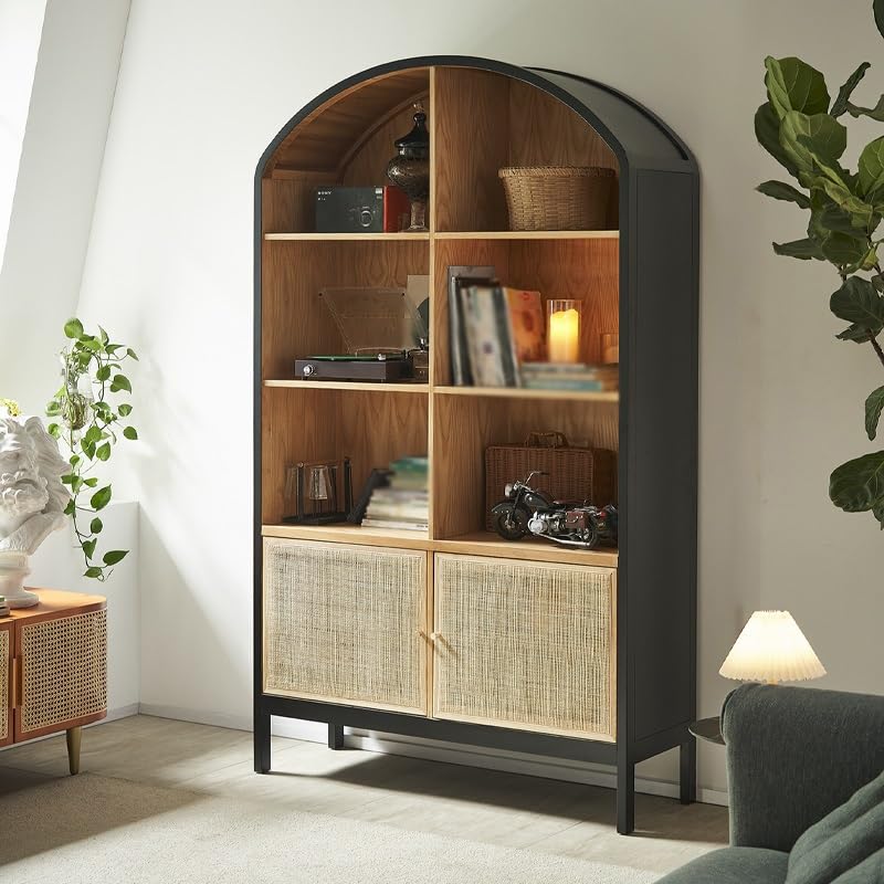 FUKUHARA Bookshelf for Bedroom Wabi-sabi Style Bookshelf Retro Rattan Storage Rack Home Living Room Floor-Standing Wooden Display Cabinet Decorative Bookcase