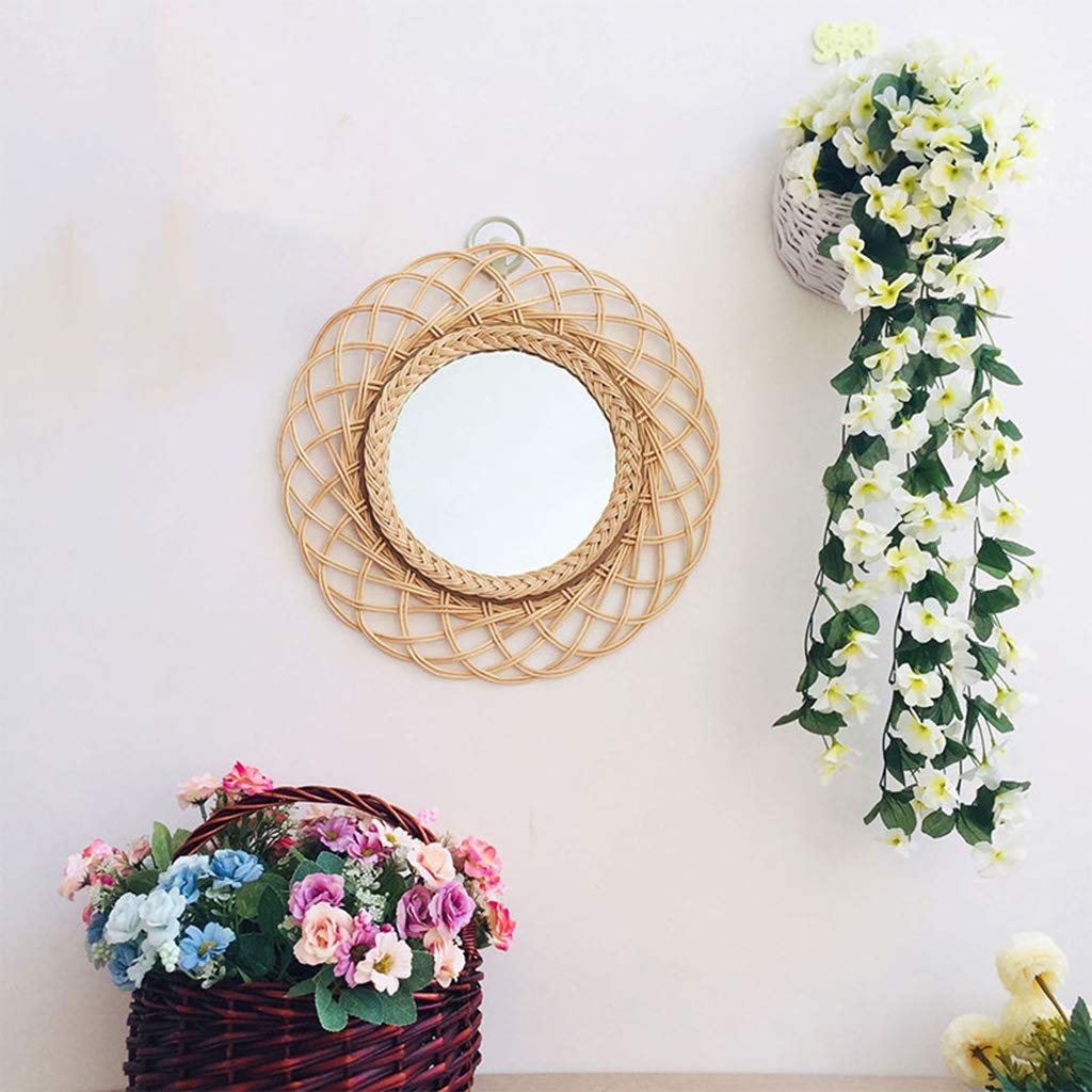 TYUHDUYUR Nordic Round Hanging Mirror Large Cosmetic Makeup Wall Mirror Home Decorative Wooden Rattan Craft for Bathroom Living Room Bedroom Diameter 41cm
