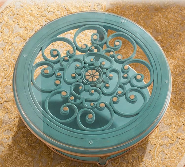 interoknack Round Solid Wood Coffee Table with Tempered Glass Top, Vintage Blue Carved Center Table, 39.4 Inch Rustic Living Room Tea Table