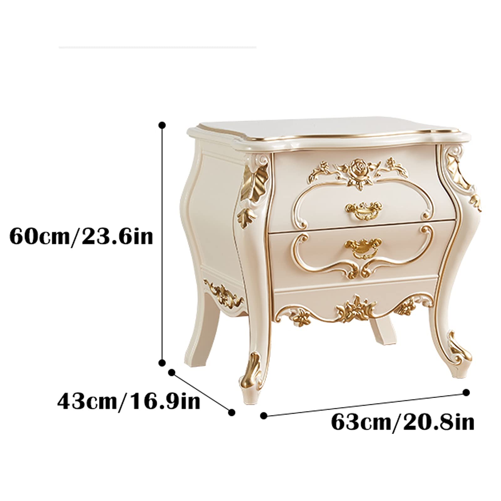 Night Stand White Bedside Tables with 2 Wood Drawers, Plastic Steel Frame Storage Cabinet Beautifully Carved Modern Style Nightstand for Bedroom 23.6" H Bedside Tables