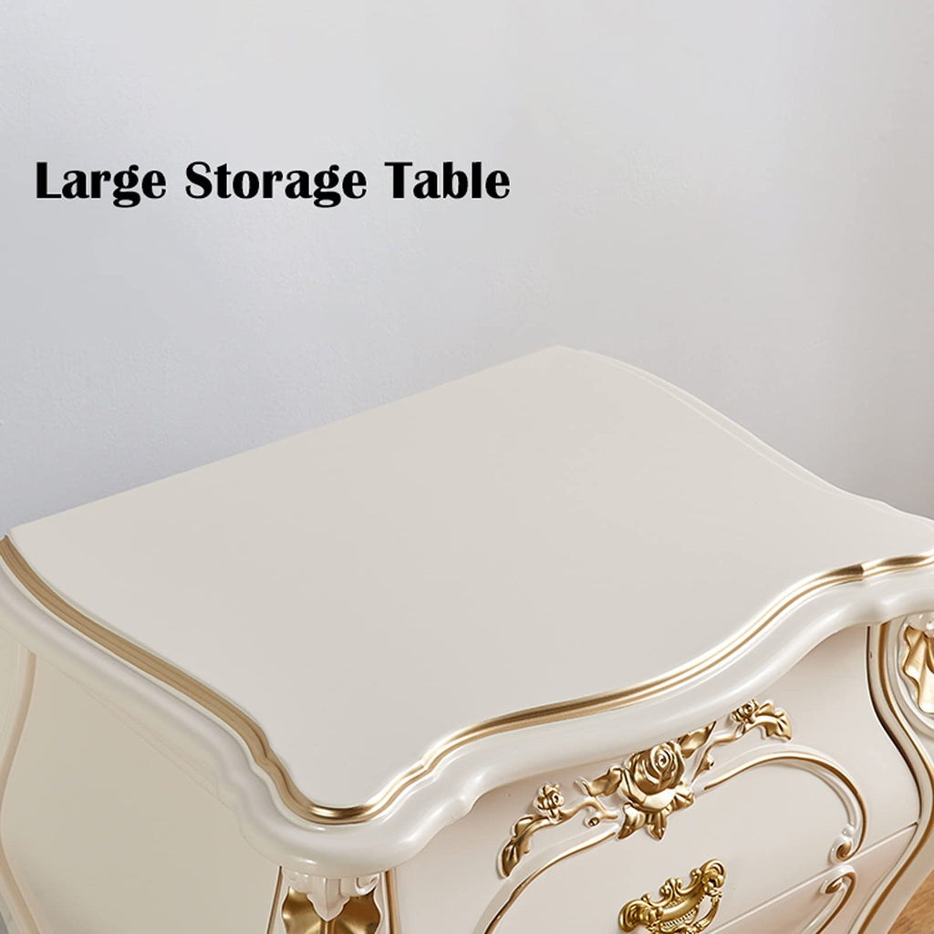 Night Stand White Bedside Tables with 2 Wood Drawers, Plastic Steel Frame Storage Cabinet Beautifully Carved Modern Style Nightstand for Bedroom 23.6" H Bedside Tables