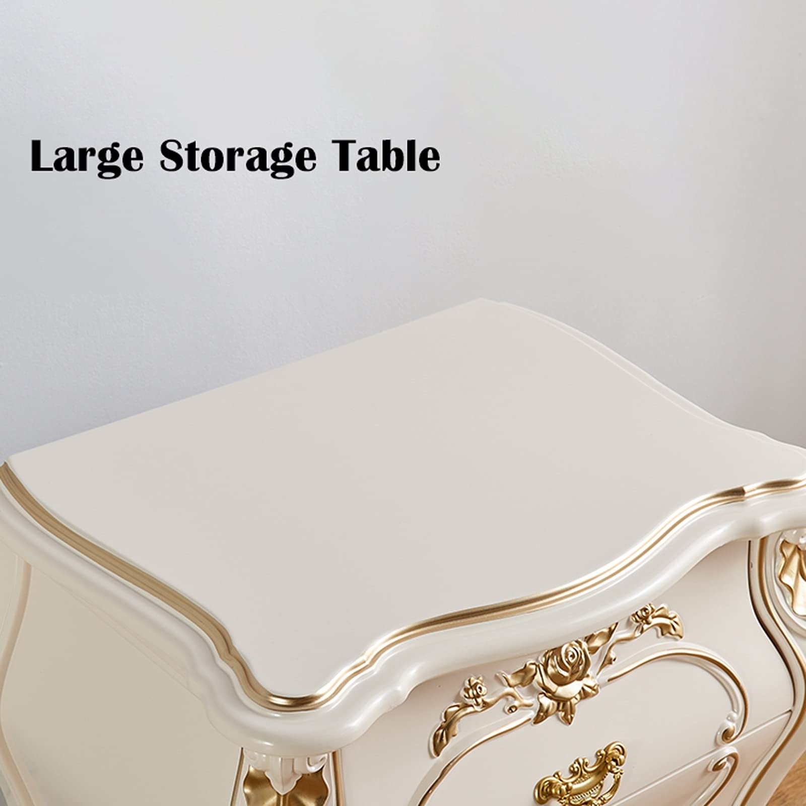 Night Stand White Bedside Tables with 2 Wood Drawers, Plastic Steel Frame Storage Cabinet Beautifully Carved Modern Style Nightstand for Bedroom 23.6" H Bedside Tables