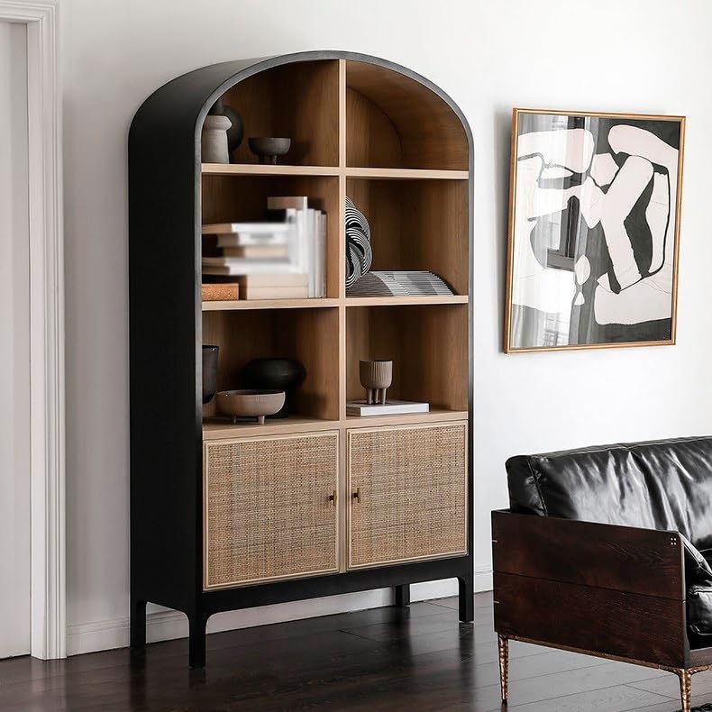 FUKUHARA Bookshelf for Bedroom Wabi-sabi Style Bookshelf Retro Rattan Storage Rack Home Living Room Floor-Standing Wooden Display Cabinet Decorative Bookcase
