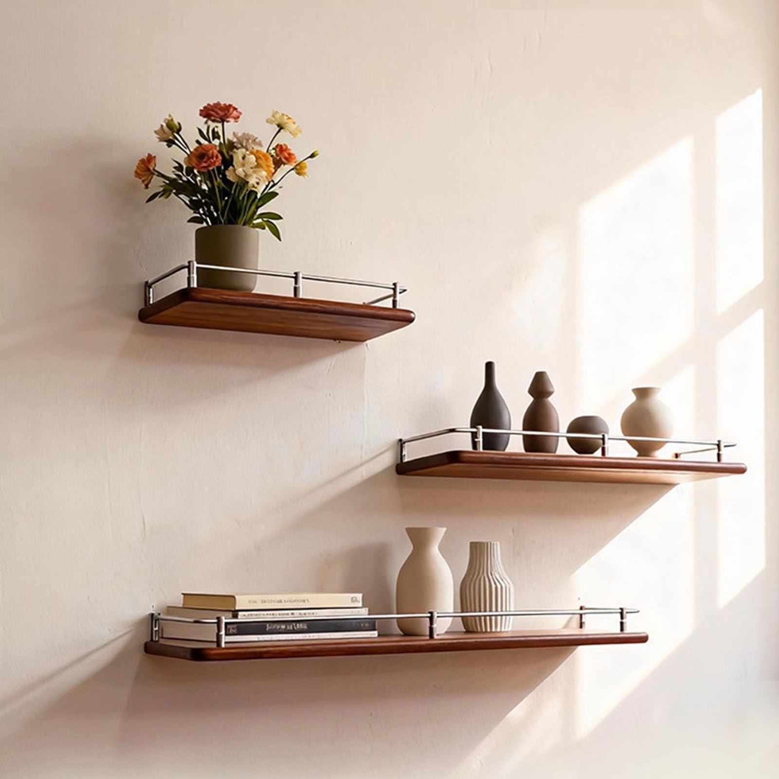 Set of 2 Modern Walnut Floating Shelves with Stainless Steel Guardrails, Perfect for Bathroom, Kitchen, Living Room, Plant & Art Display - 47.2x7.9in