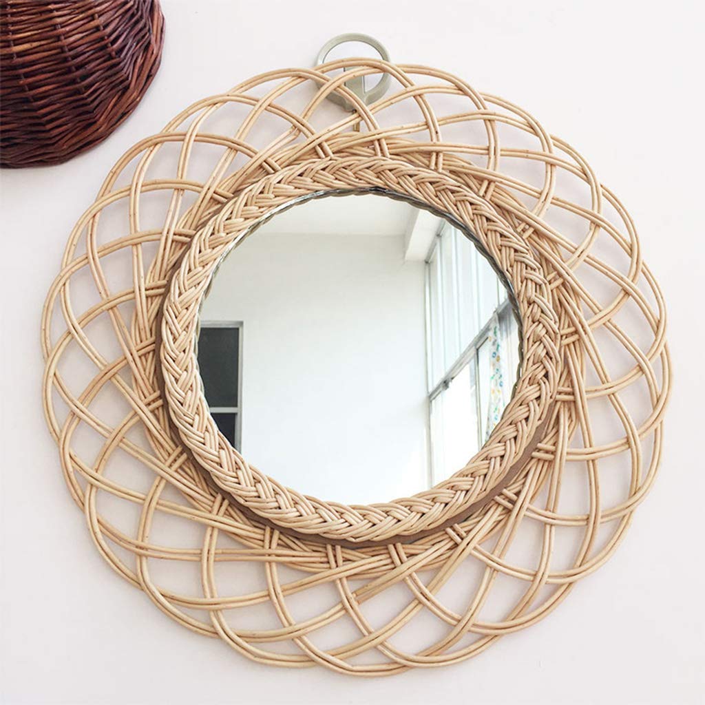TYUHDUYUR Nordic Round Hanging Mirror Large Cosmetic Makeup Wall Mirror Home Decorative Wooden Rattan Craft for Bathroom Living Room Bedroom Diameter 41cm