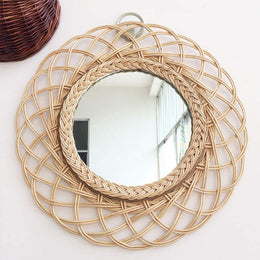 Nordic Round Wooden Rattan Wall Mirror 41cm