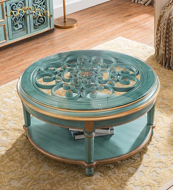 interoknack Round Solid Wood Coffee Table with Tempered Glass Top, Vintage Blue Carved Center Table, 39.4 Inch Rustic Living Room Tea Table