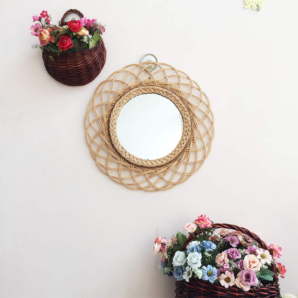 TYUHDUYUR Nordic Round Hanging Mirror Large Cosmetic Makeup Wall Mirror Home Decorative Wooden Rattan Craft for Bathroom Living Room Bedroom Diameter 41cm