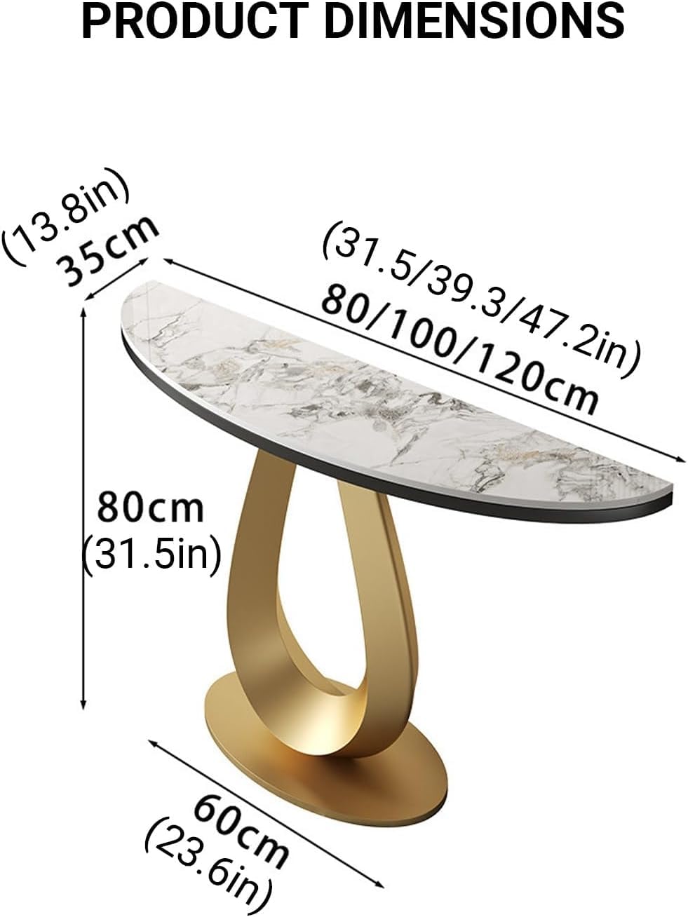 Modern Half-Moon Entryway Table, Faux Marble Console with Curved Metal Base, Stylish Accent Sofa Table for Living Room and Foyer (Black, 100cm39.3in)
