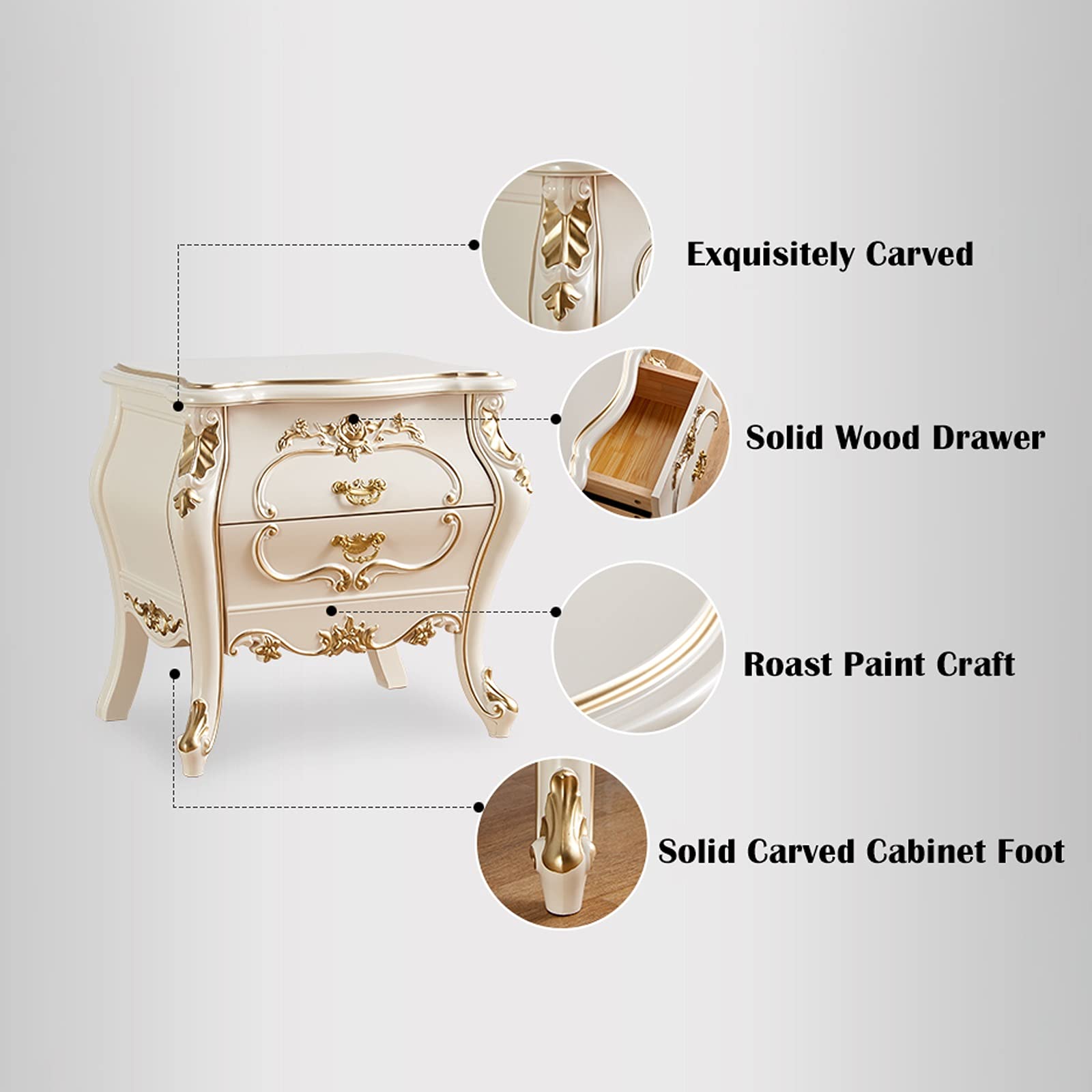 Night Stand White Bedside Tables with 2 Wood Drawers, Plastic Steel Frame Storage Cabinet Beautifully Carved Modern Style Nightstand for Bedroom 23.6" H Bedside Tables