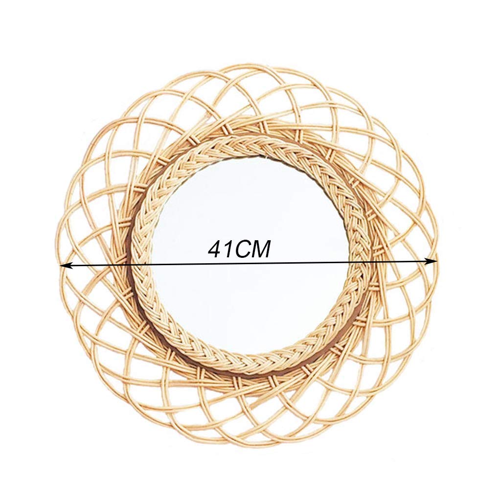 TYUHDUYUR Nordic Round Hanging Mirror Large Cosmetic Makeup Wall Mirror Home Decorative Wooden Rattan Craft for Bathroom Living Room Bedroom Diameter 41cm