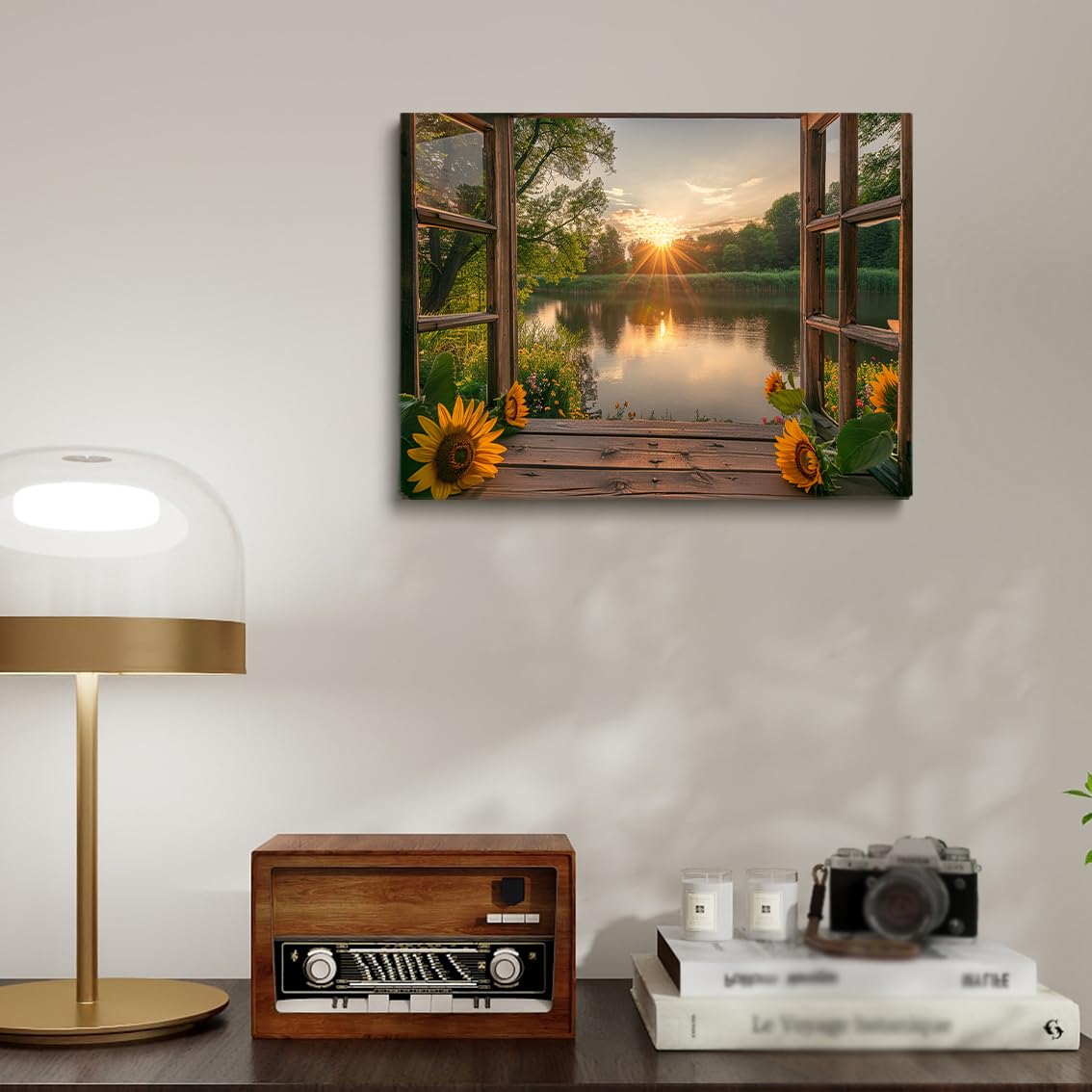 Sunflower Landscape Window Wall Art Natural Canvas Print Painting